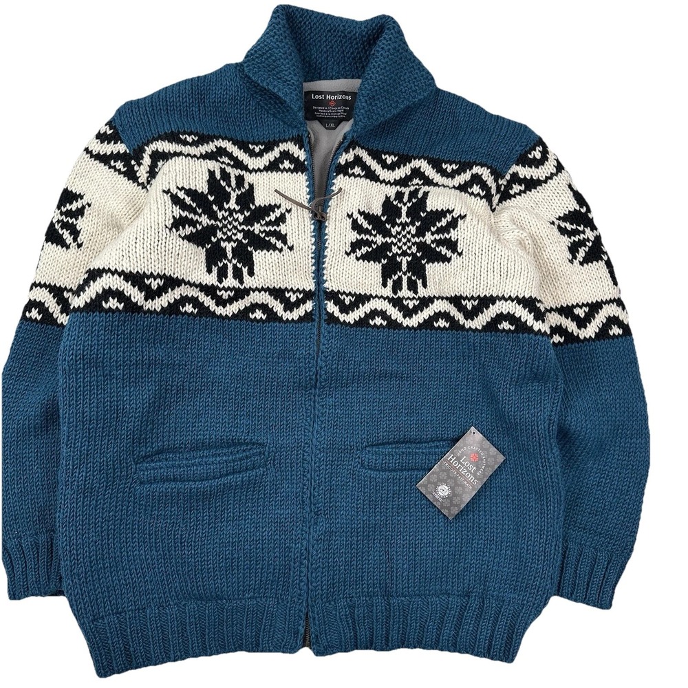 NEW Lost Horizons Cowichan Sweater Men Large XL Blue Teal Wool Nordic Cardigan